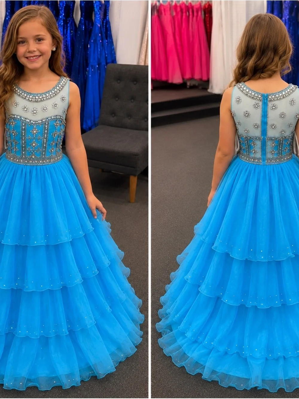 Rachel Allan Blue Jeweled Bodice Tiered Tulle Gown